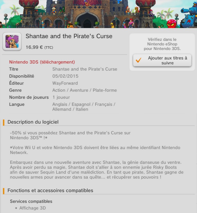 Fiche eShop Shantae and The Pirate's Curse