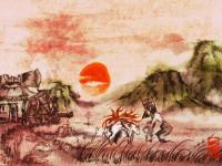 Plaine et soleil rouge